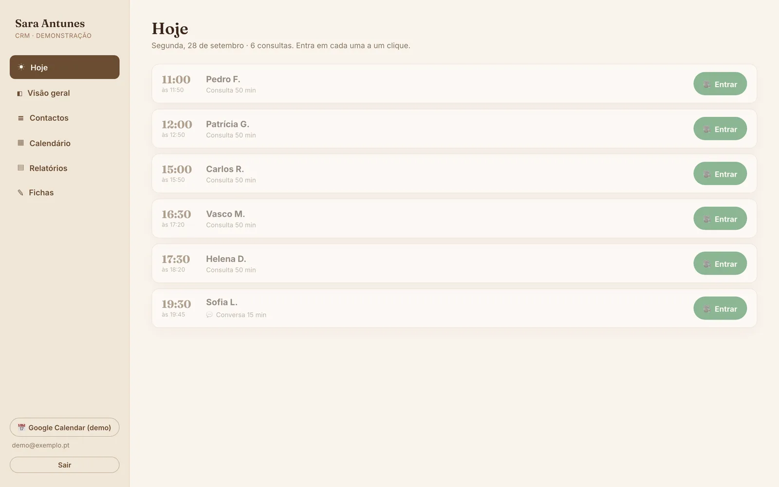 Página Hoje com as consultas do dia